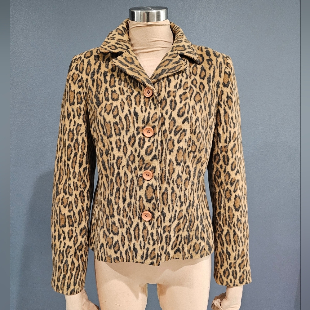 LOUBEN Women Leopard Tan Brown Wool Cashmere Blend Vtg Jacket 12